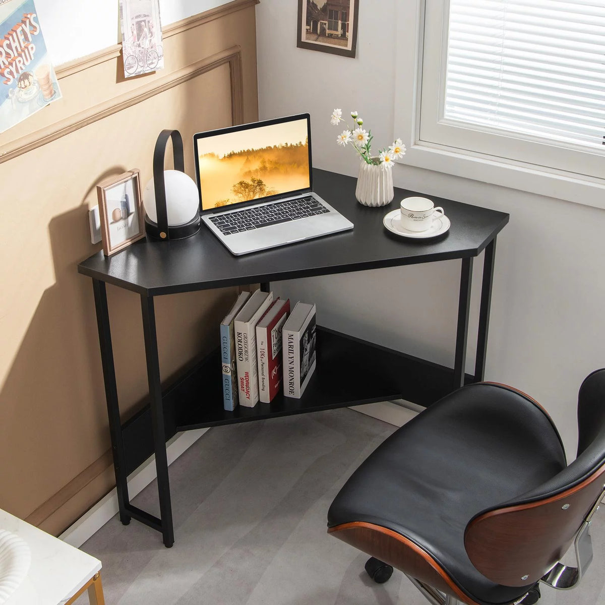 Black Corner Desk with Power Outlet T264