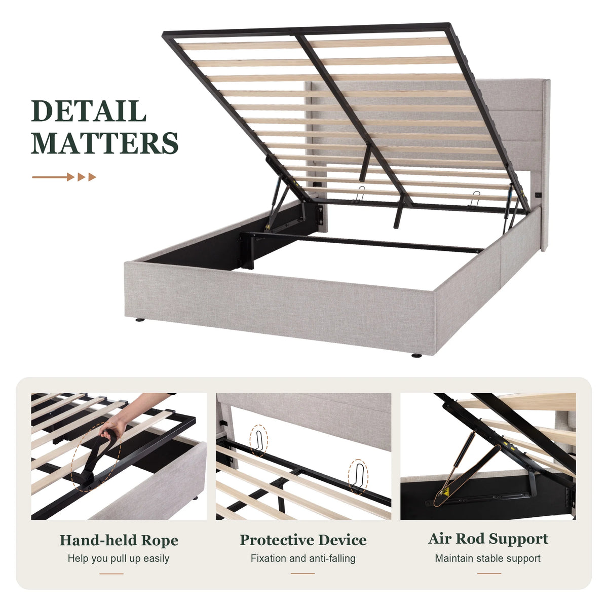 King Size Upholstered Lift up Storage Platform Bed Frame with Wingback Headboard, Beige E994121