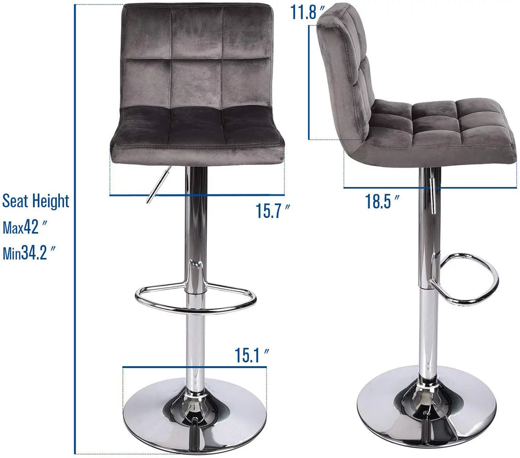 Set of 2 Gray Velvet Adjustable Swivel Bar Stool S94593