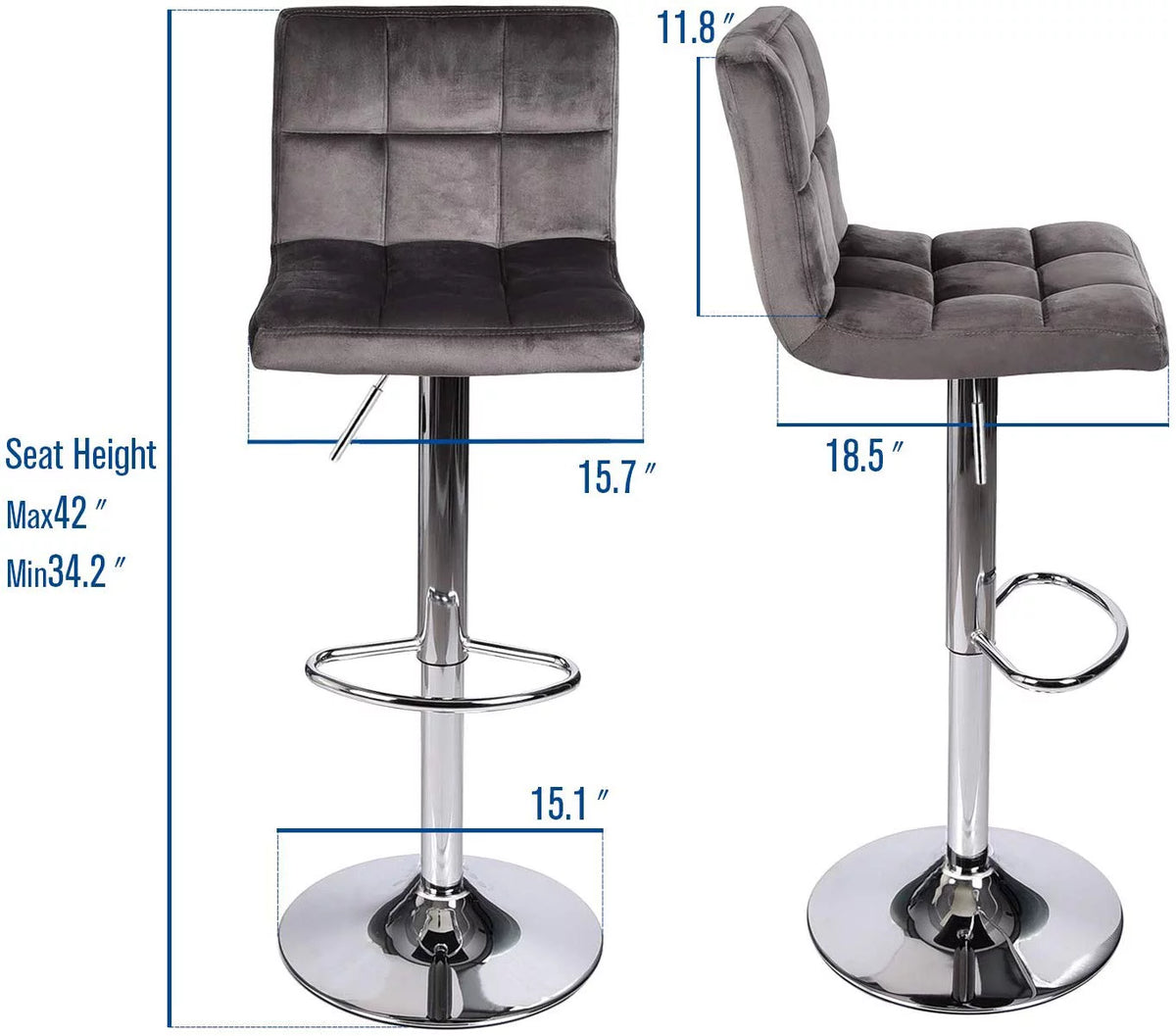 Set of 2 Gray Velvet Adjustable Swivel Bar Stool S94593
