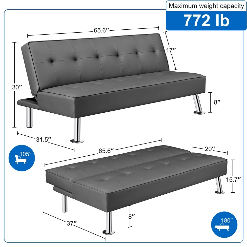 Gray Faux Leather Convertible Futon Sofa Bed K808758
