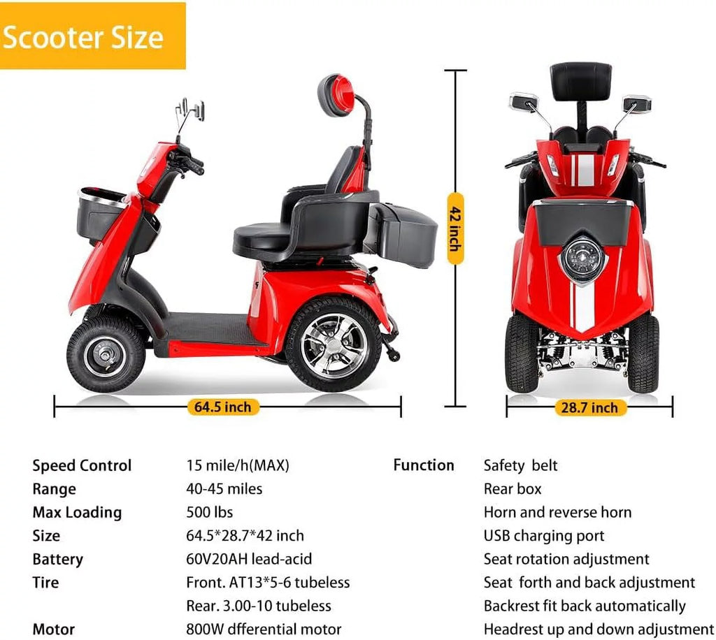 4 Wheel 800W Mobility Scooter 500 lb Capacity N8479