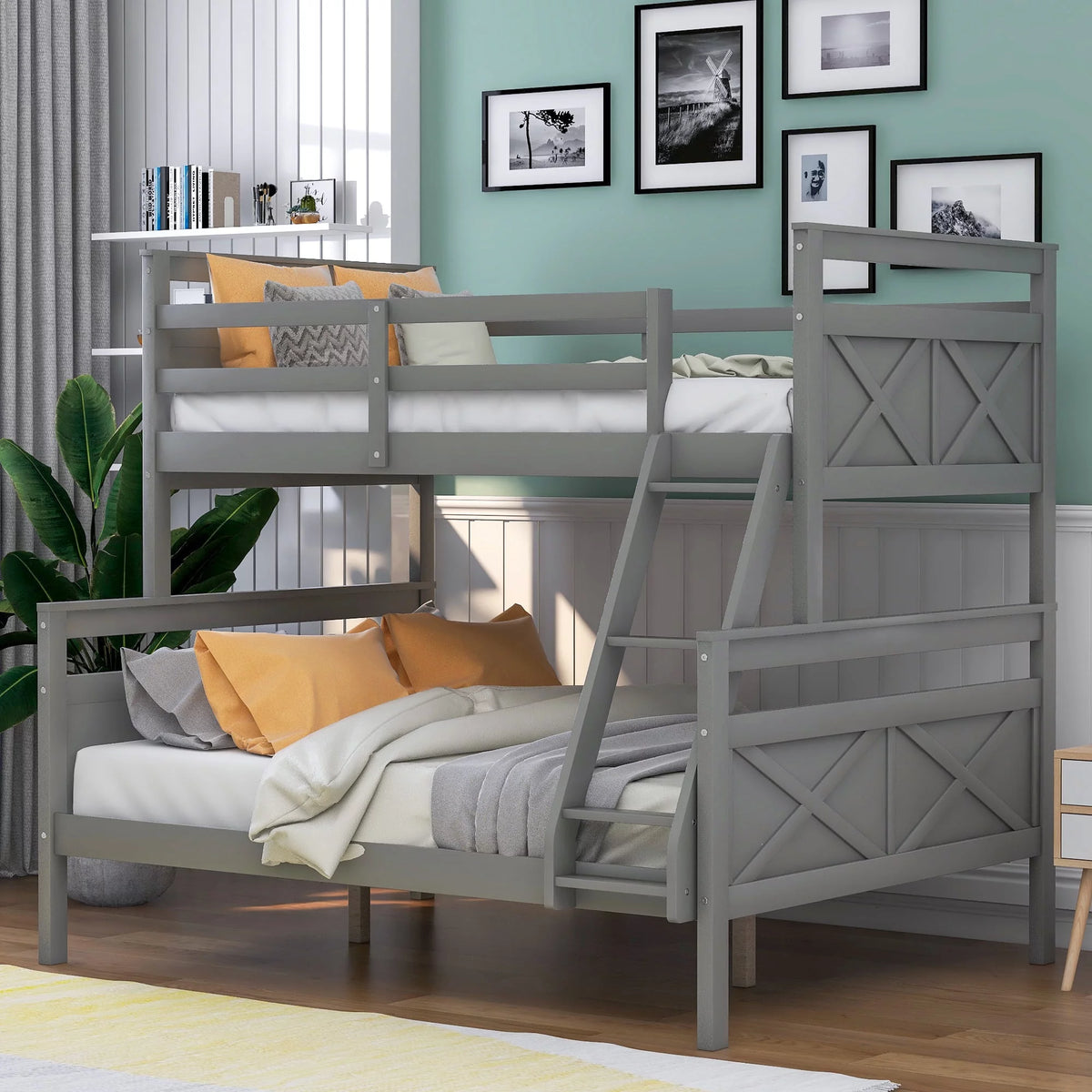 Twin over Full Wood Bunk Bed with Guardrail and Ladder Gray T9438
