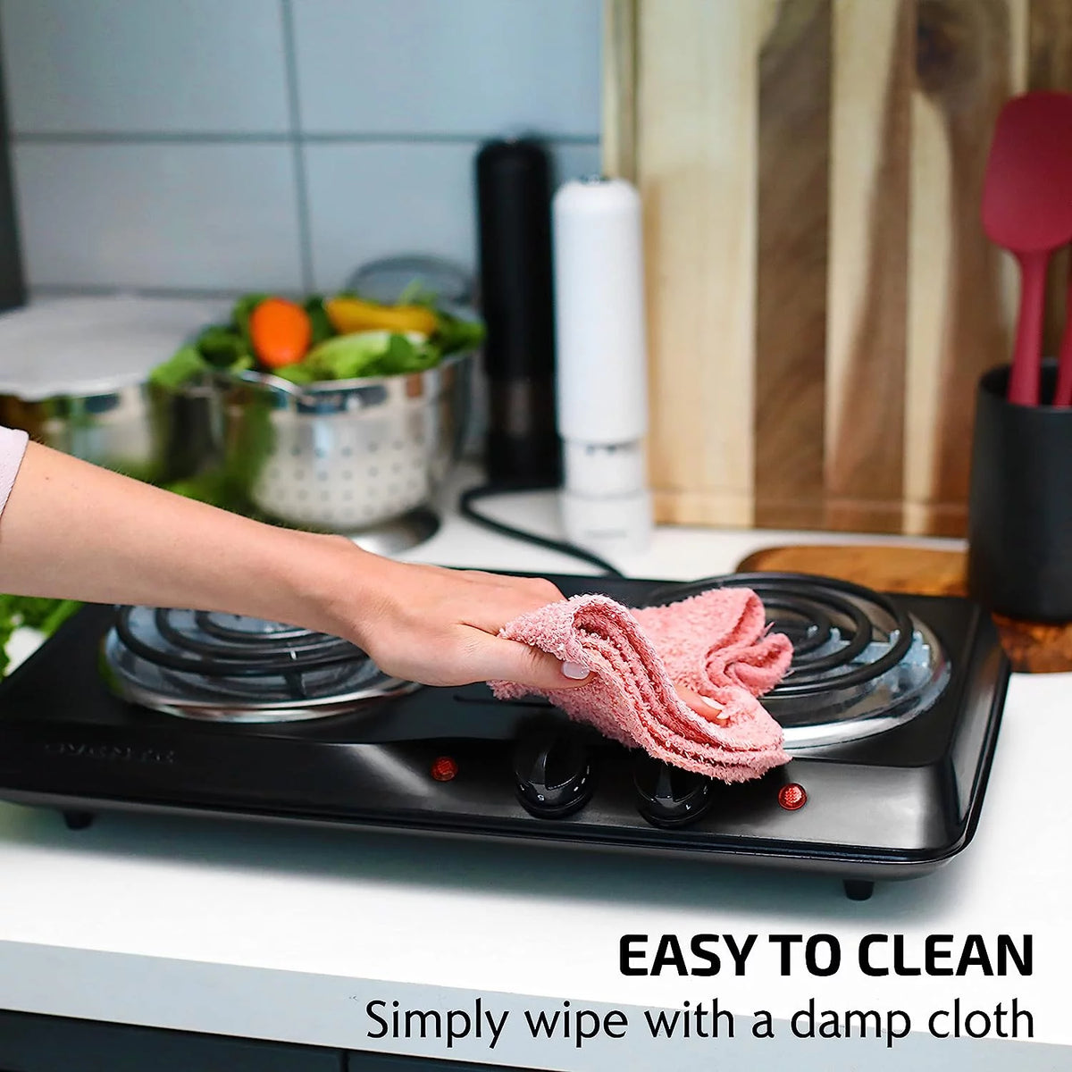 Electric Countertop Double Burner 1700W Stainless Steel Coil Black T700114
