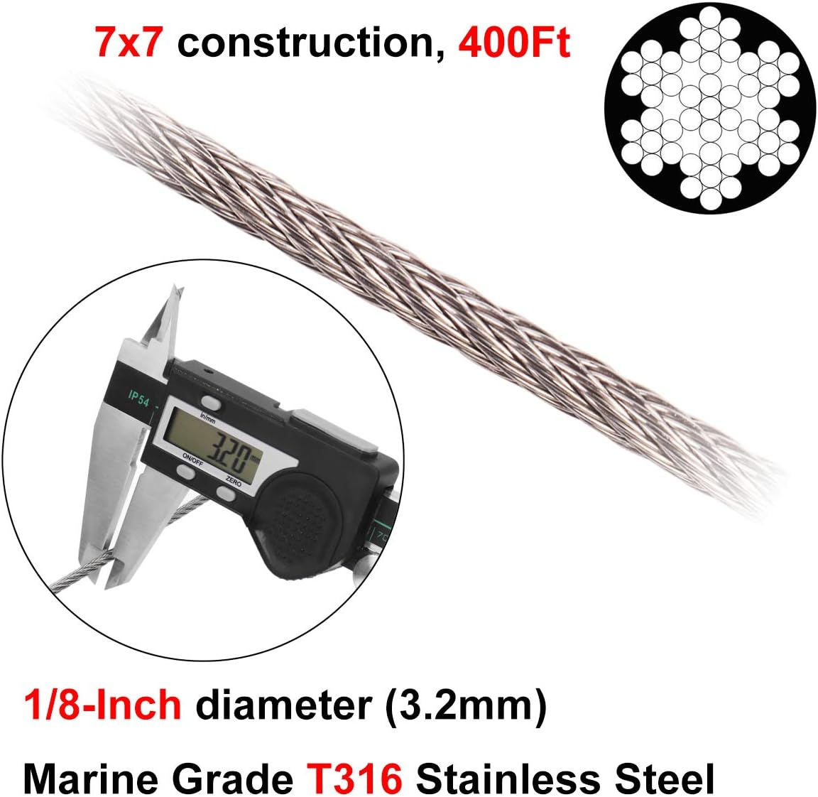 400FT 1/8 T316 Stainless Steel Wire Rope Cable with Cable Cutter S827060