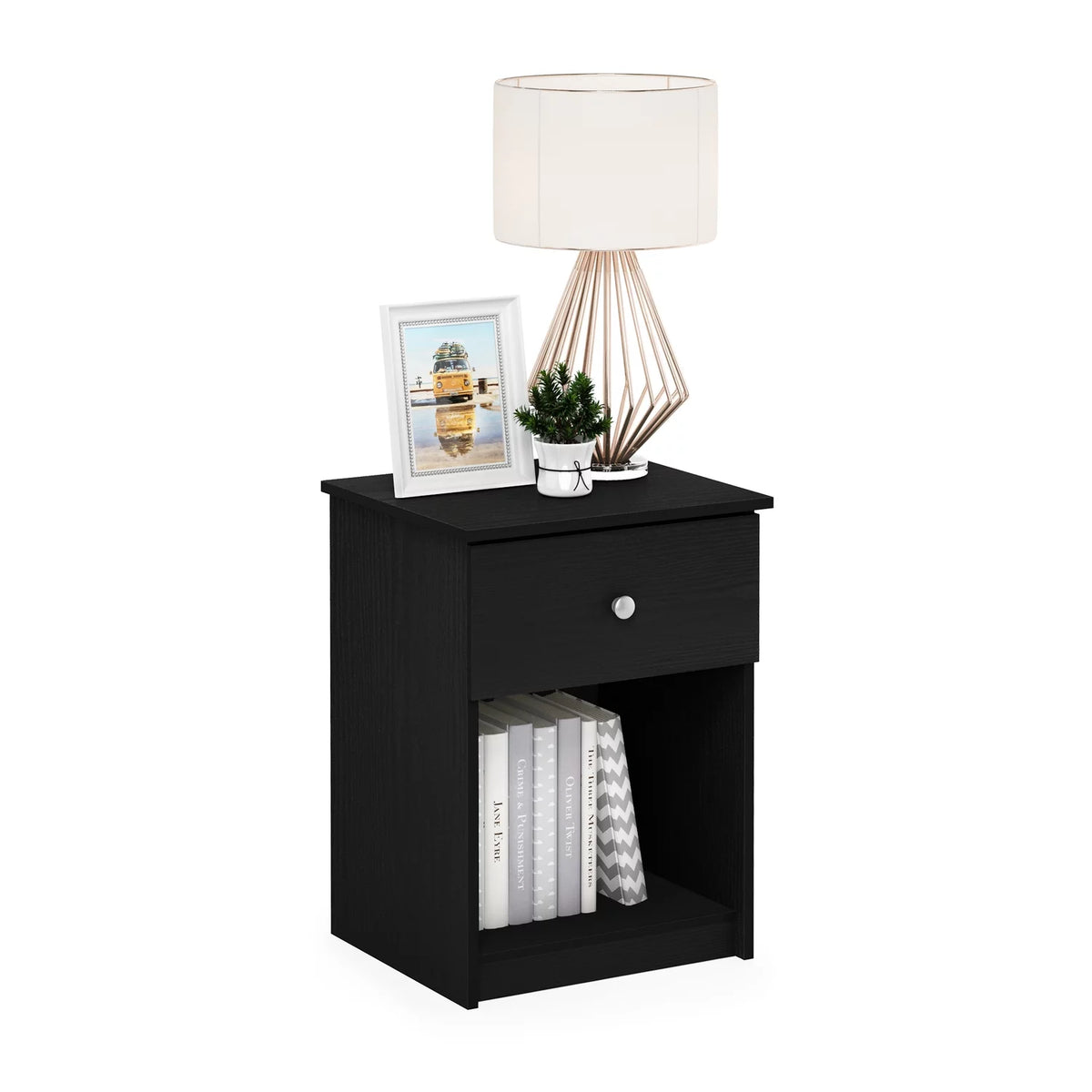 Black Oak Nightstand with One Drawer H431