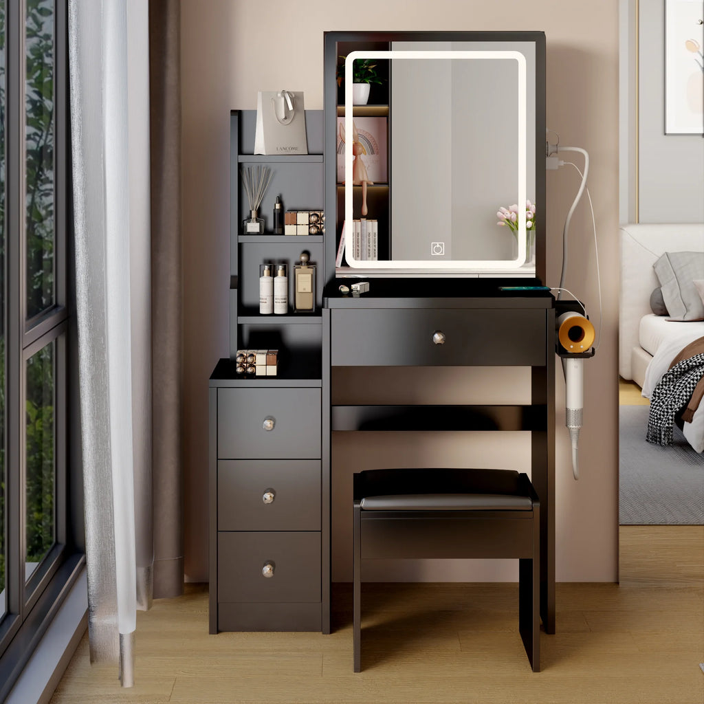 White Vanity Table with Lighted Mirror and Stool Y399362