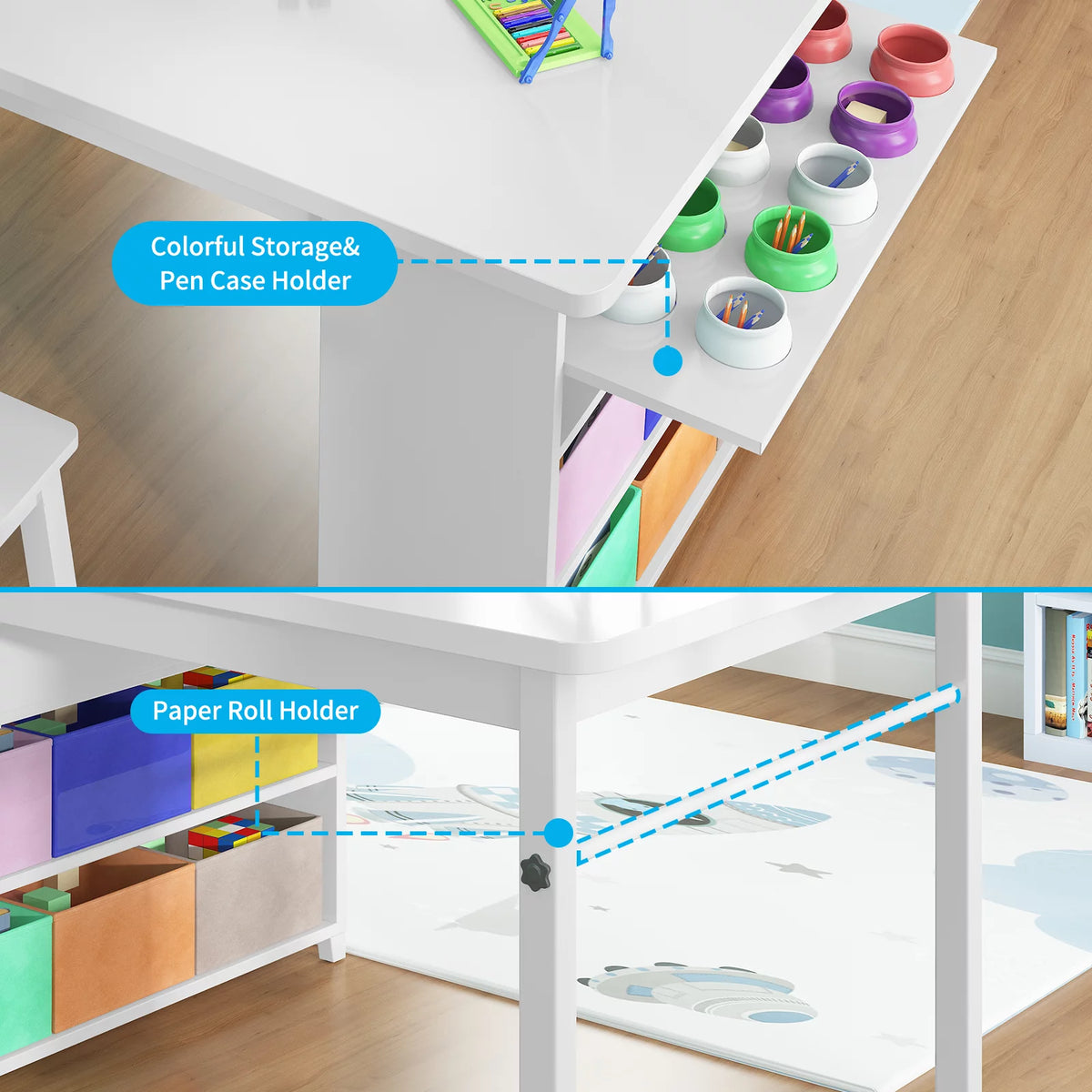 Kids' Art Table and Stools Set, Wooden Drawing Desk with Paper Roller and Storage Bins T77399