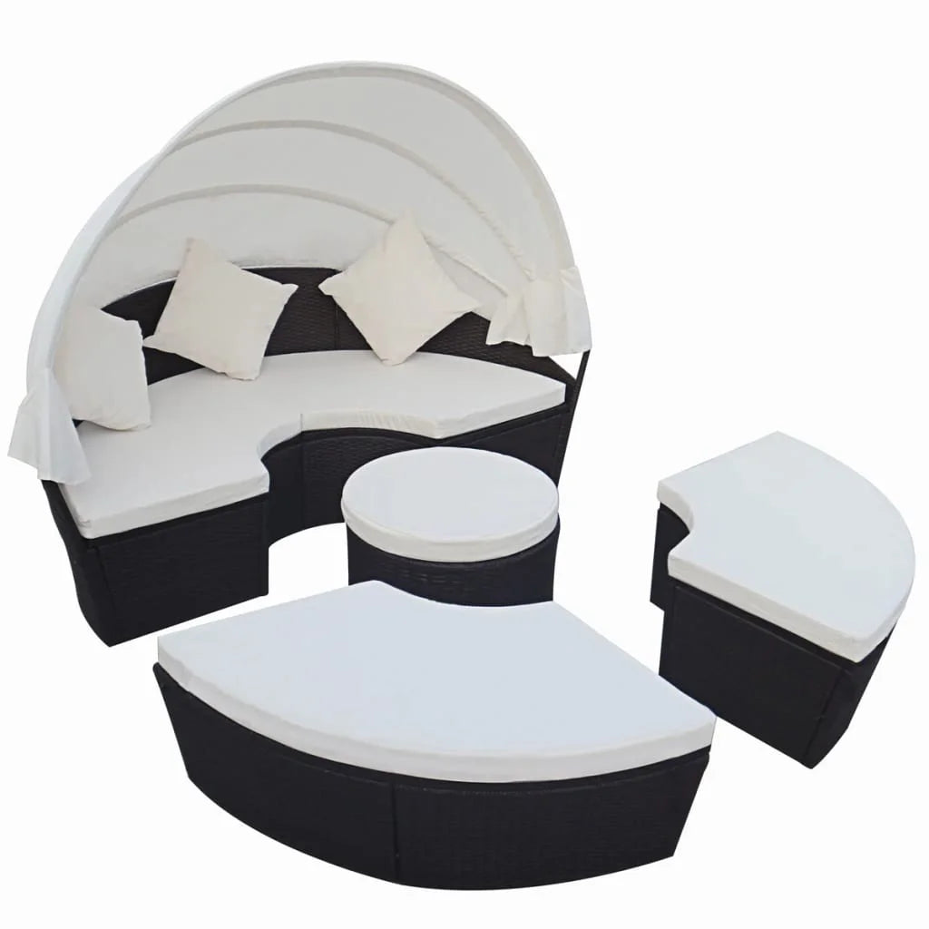 Patio Lounge Bed with Canopy Poly Rattan Black U3907