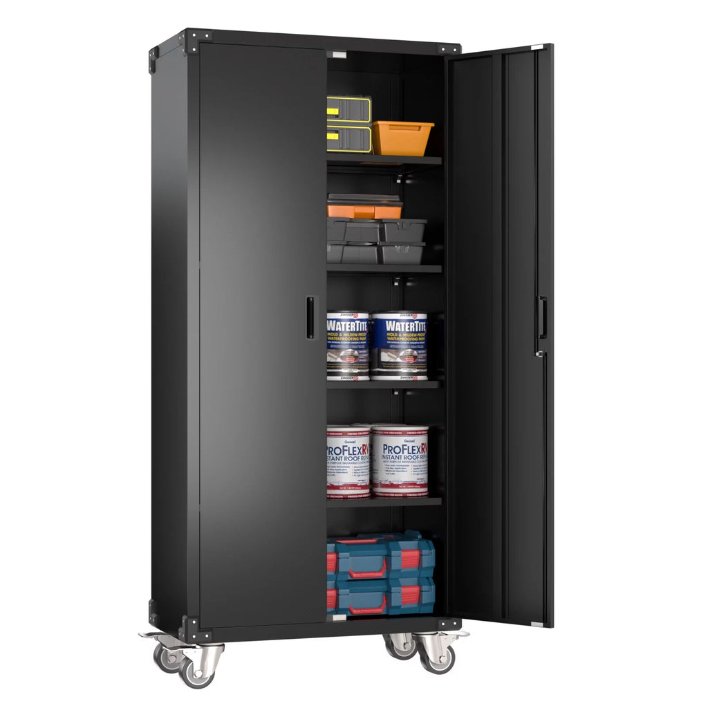 Metal Storage Cabinet with Lock, 72In Steel Storage Cabinet with Wheels, Black G315978