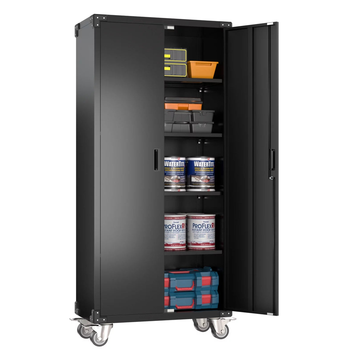 Metal Storage Cabinet with Lock, 72In Steel Storage Cabinet with Wheels, Black G315978