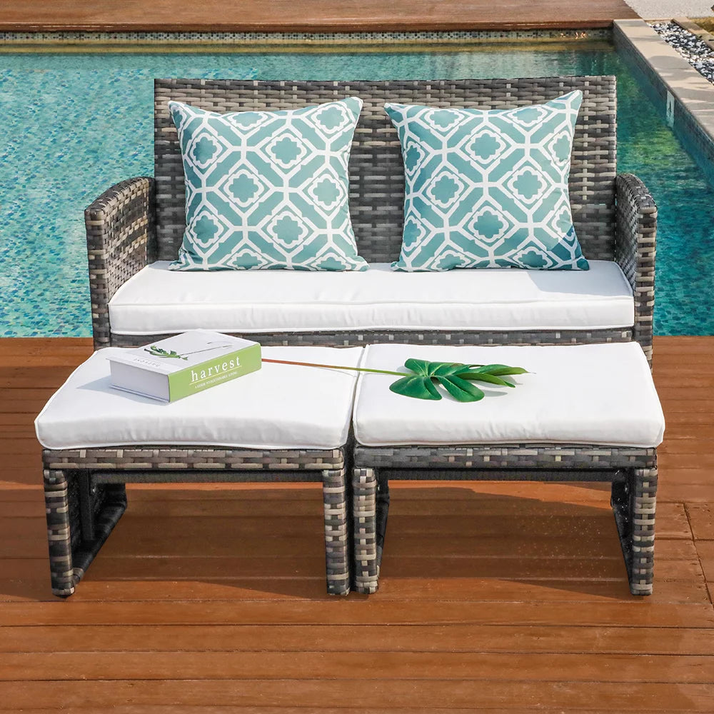 Wicker Rattan Loveseat Chairs with Ottomans P133