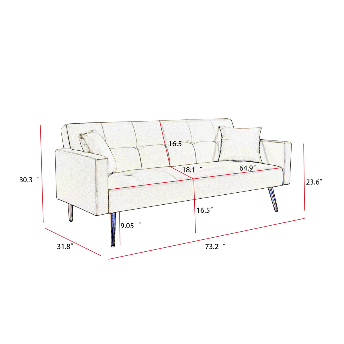 Gray Velvet Convertible Sofa Bed with 2 Pillows K765149