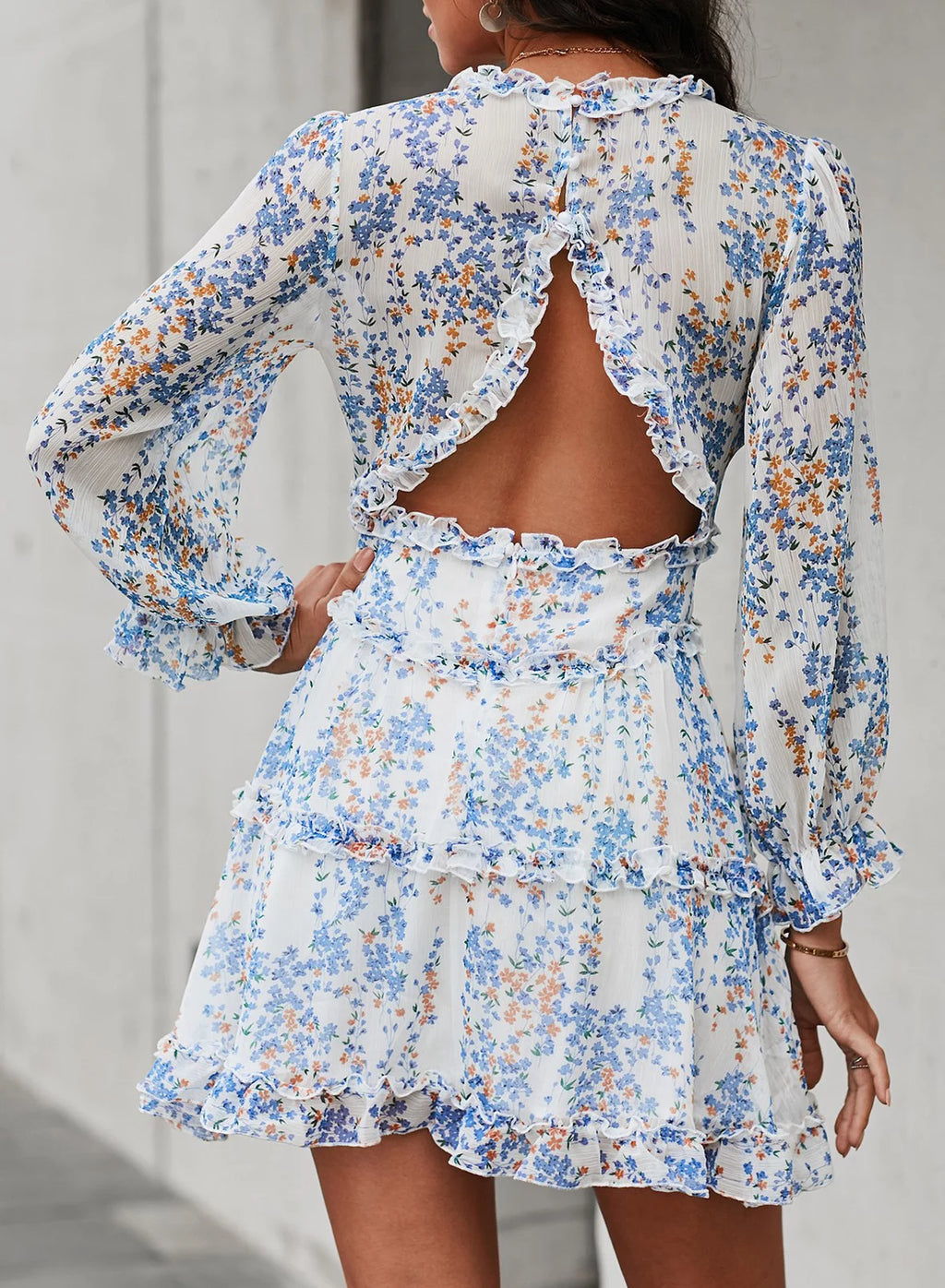 Floral Print Long Sleeve Backless Mini Dress L38772