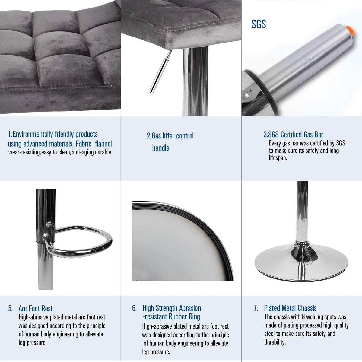 Set of 2 Gray Velvet Adjustable Swivel Bar Stool S94593