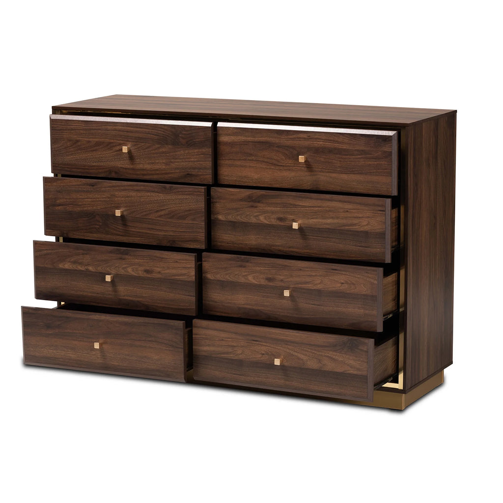 Walnut Brown Wood and Gold Metal 8-Drawer Dresser Q15883