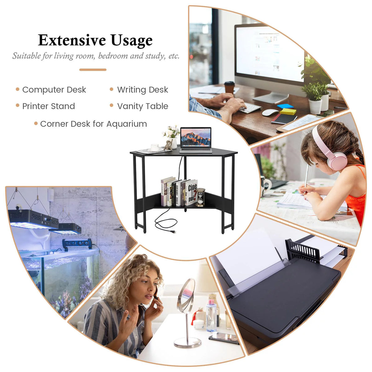 Black Corner Desk with Power Outlet T264