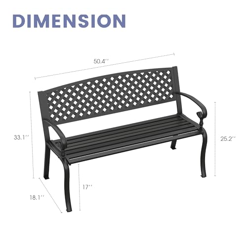50” Long Black Metal Garden Bench with Backrest and Armrests K6118