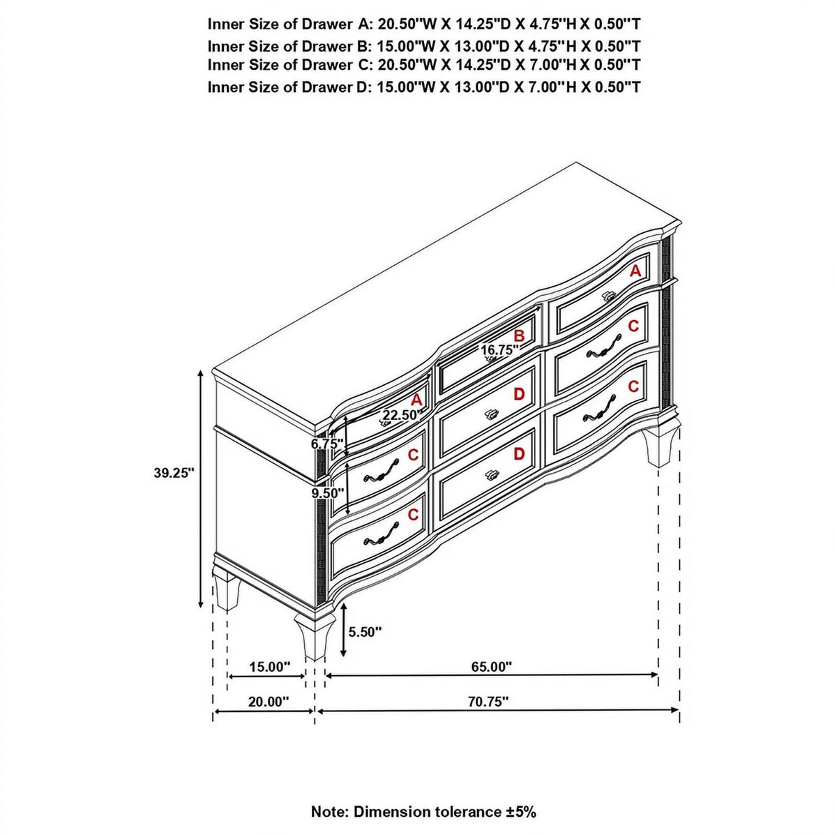 9 Drawer Silver Oak Dresser F607543