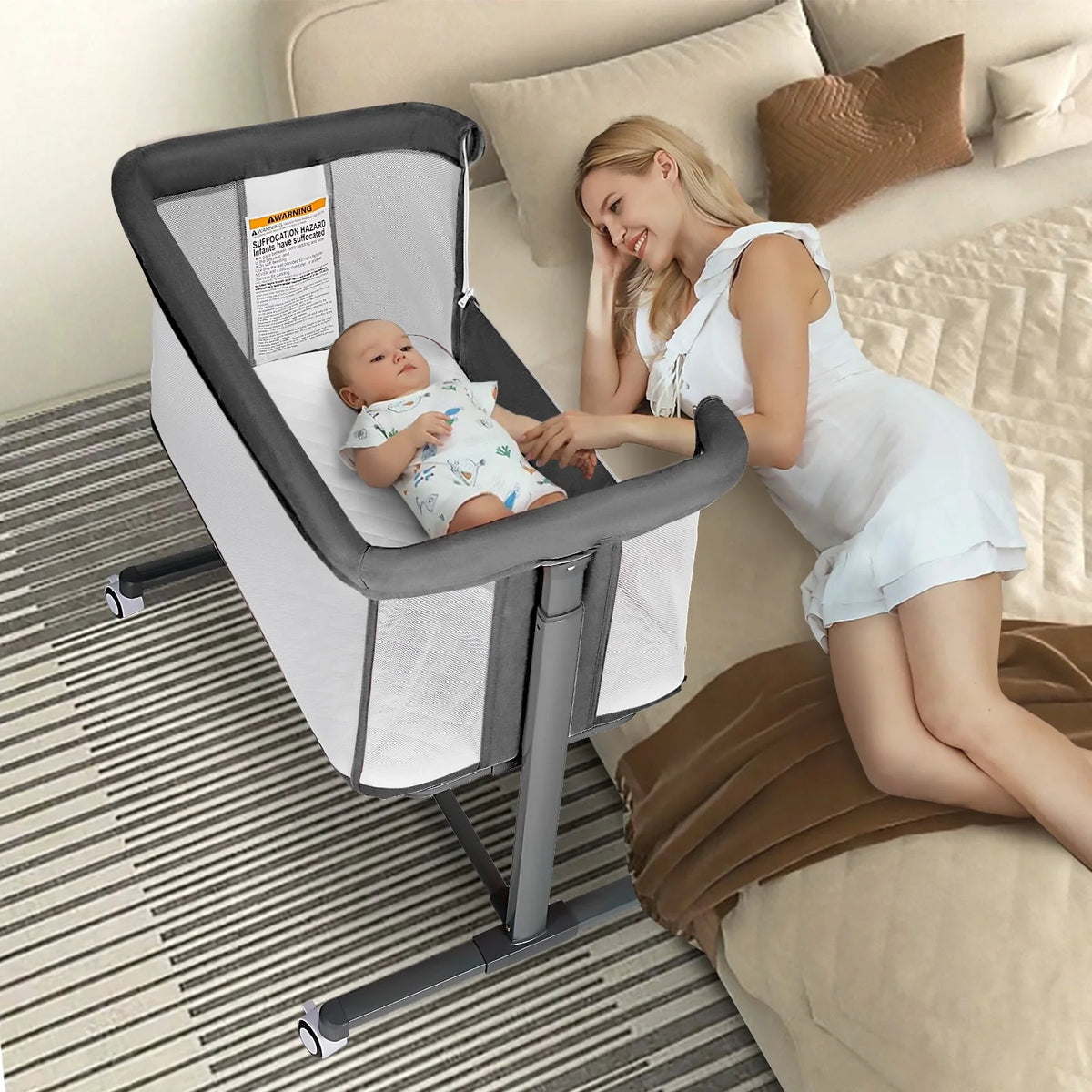 Baby Bassinet with Wheels Adjustable Bedside Sleeper Grey G125