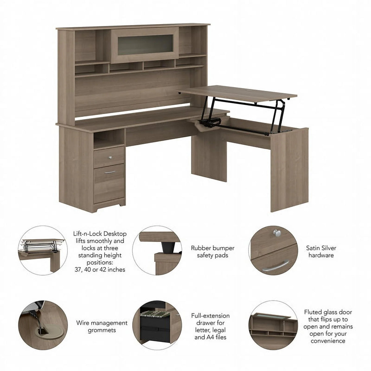 72W Sit to Stand L Desk with Hutch in Ash Gray Engineered Wood V350
