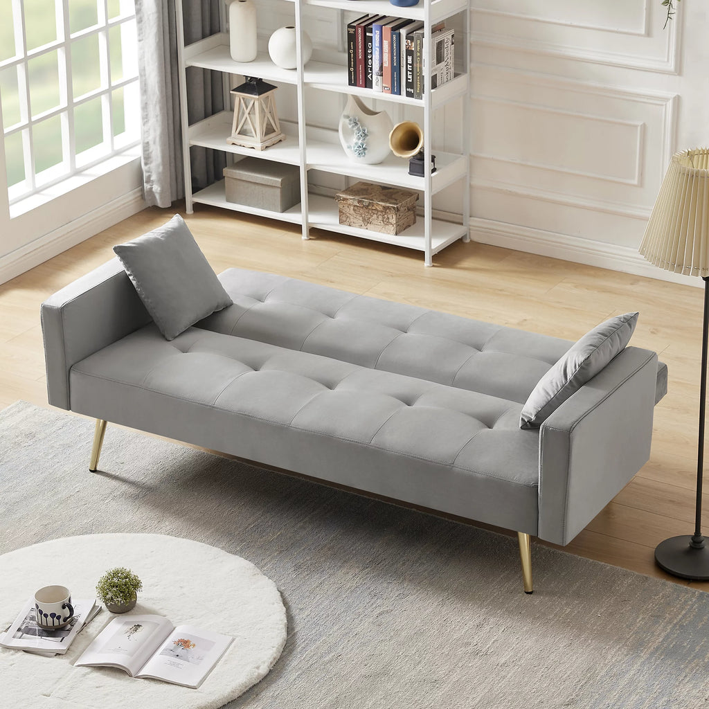 Gray Velvet Convertible Sofa Bed with 2 Pillows K765149