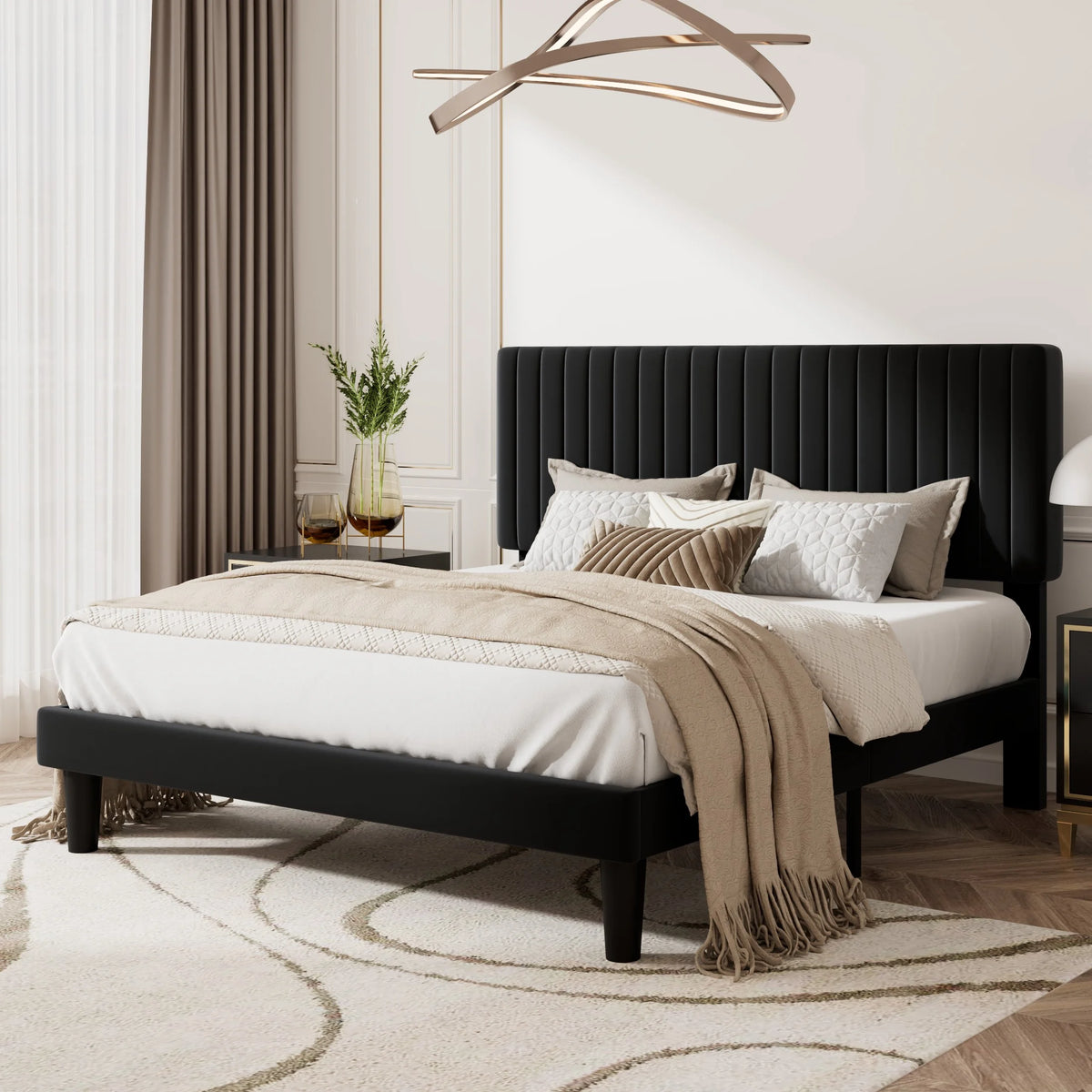 Queen Size Black Velvet Upholstered Platform Bed Frame A54442