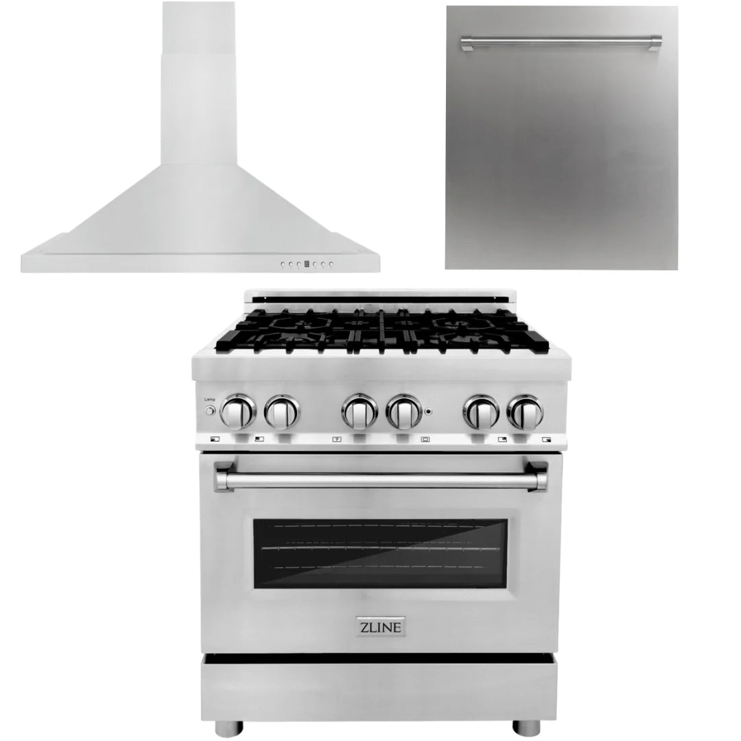 30 in. Dual Fuel Range, Range Hood, Dishwasher V28507