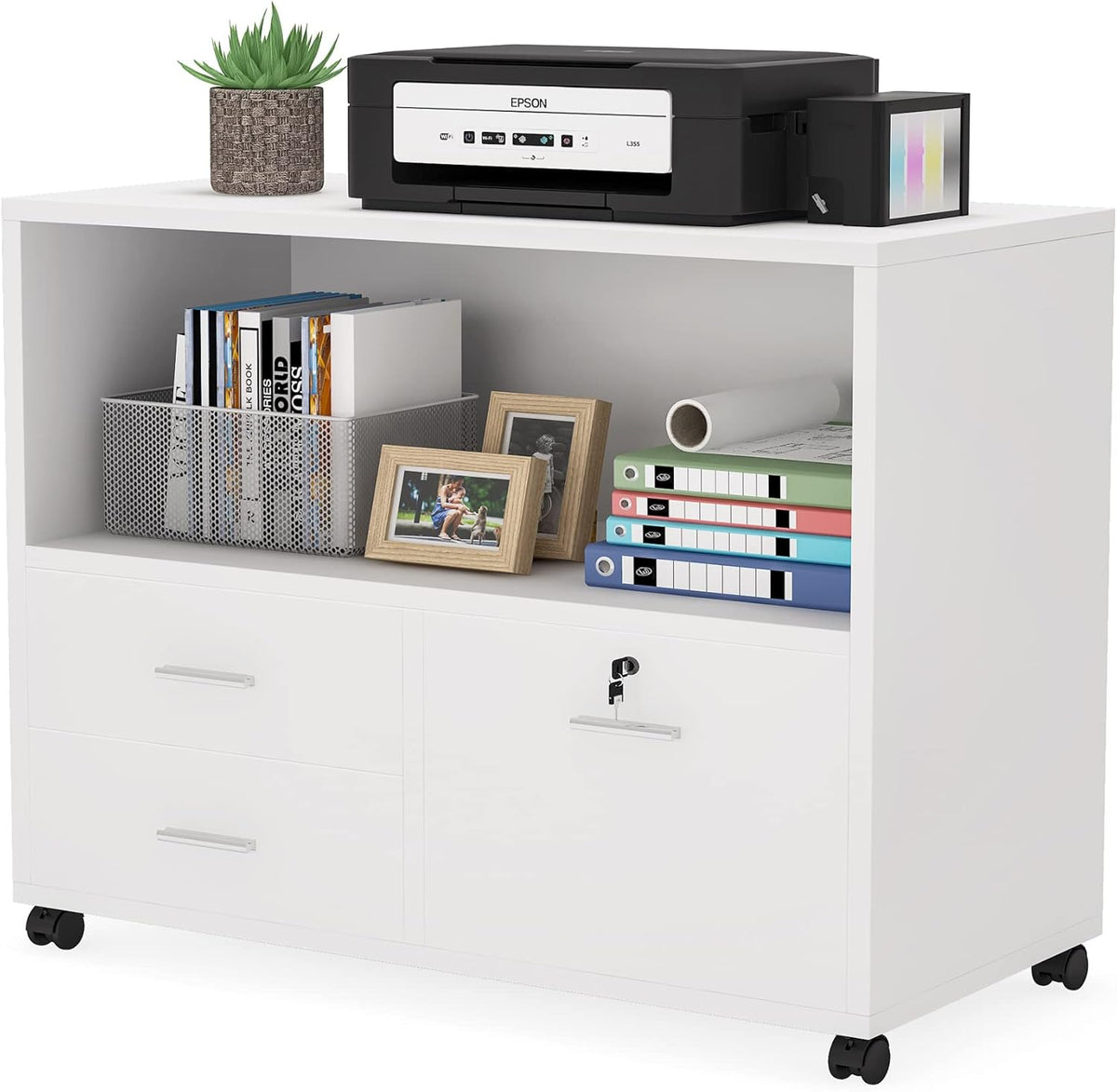 3 Drawer File Cabinet with Lock, Rolling Filing Cabinet with Printer Stand O265