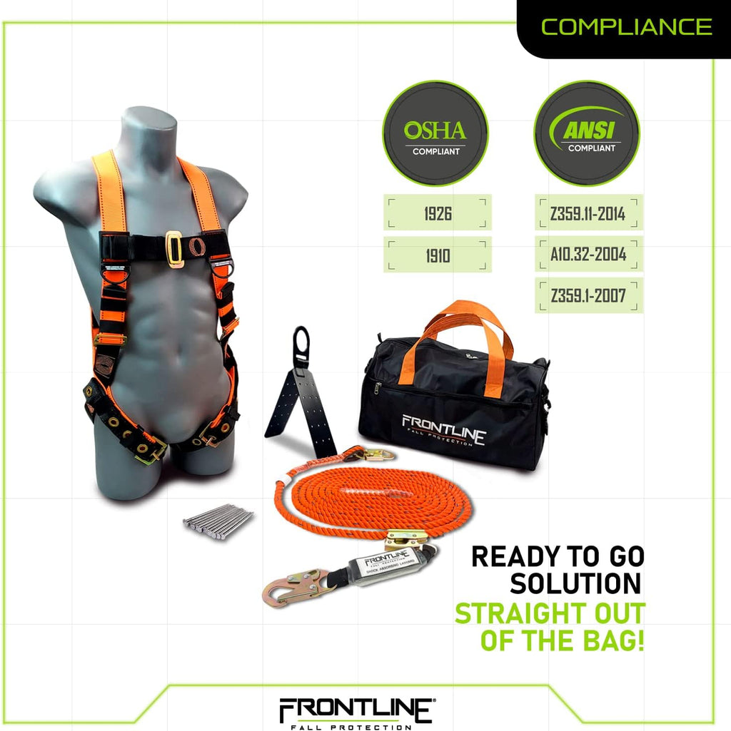 Roofers Kit with Full Body Harness, Vertical Lifeline, Rope Grab and Roof Anchor H191