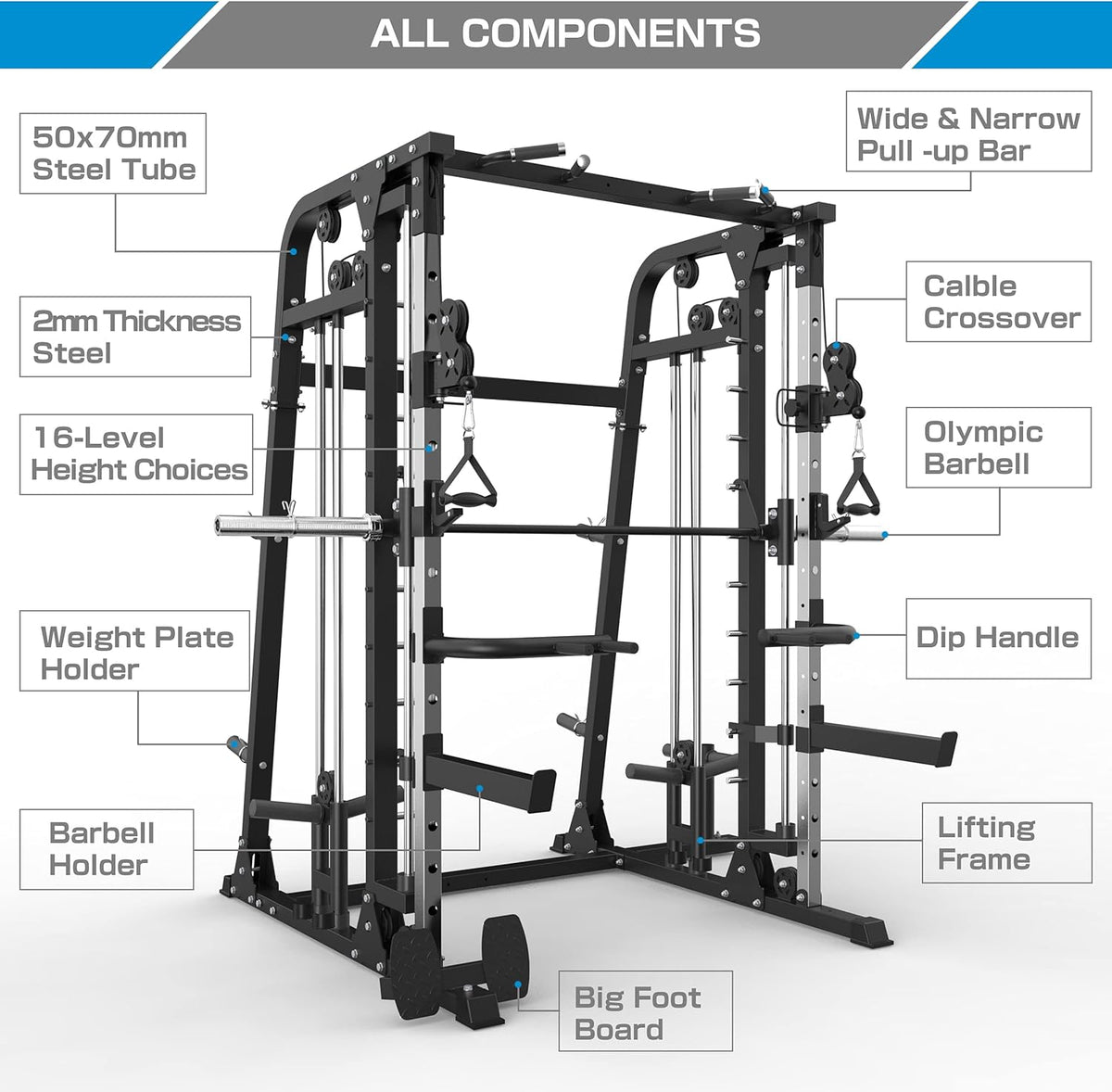 Smith Machine Power Cage with Weight Bar and LAT Pull-Down Systems W176