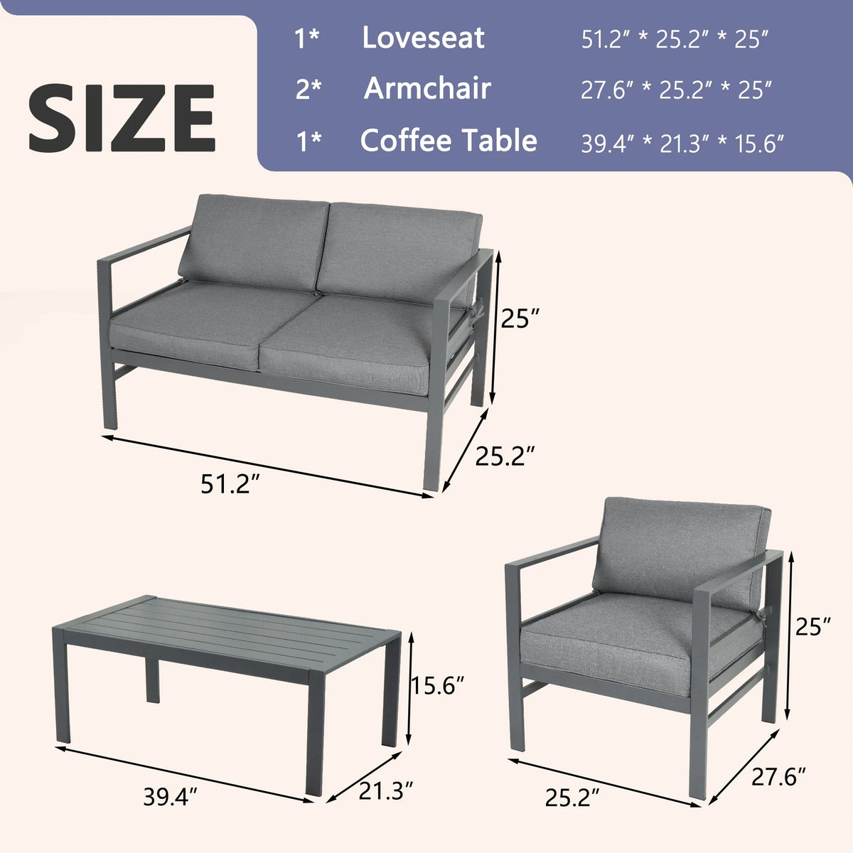 Cast Aluminum 4 Pieces Patio Furniture Set M1301
