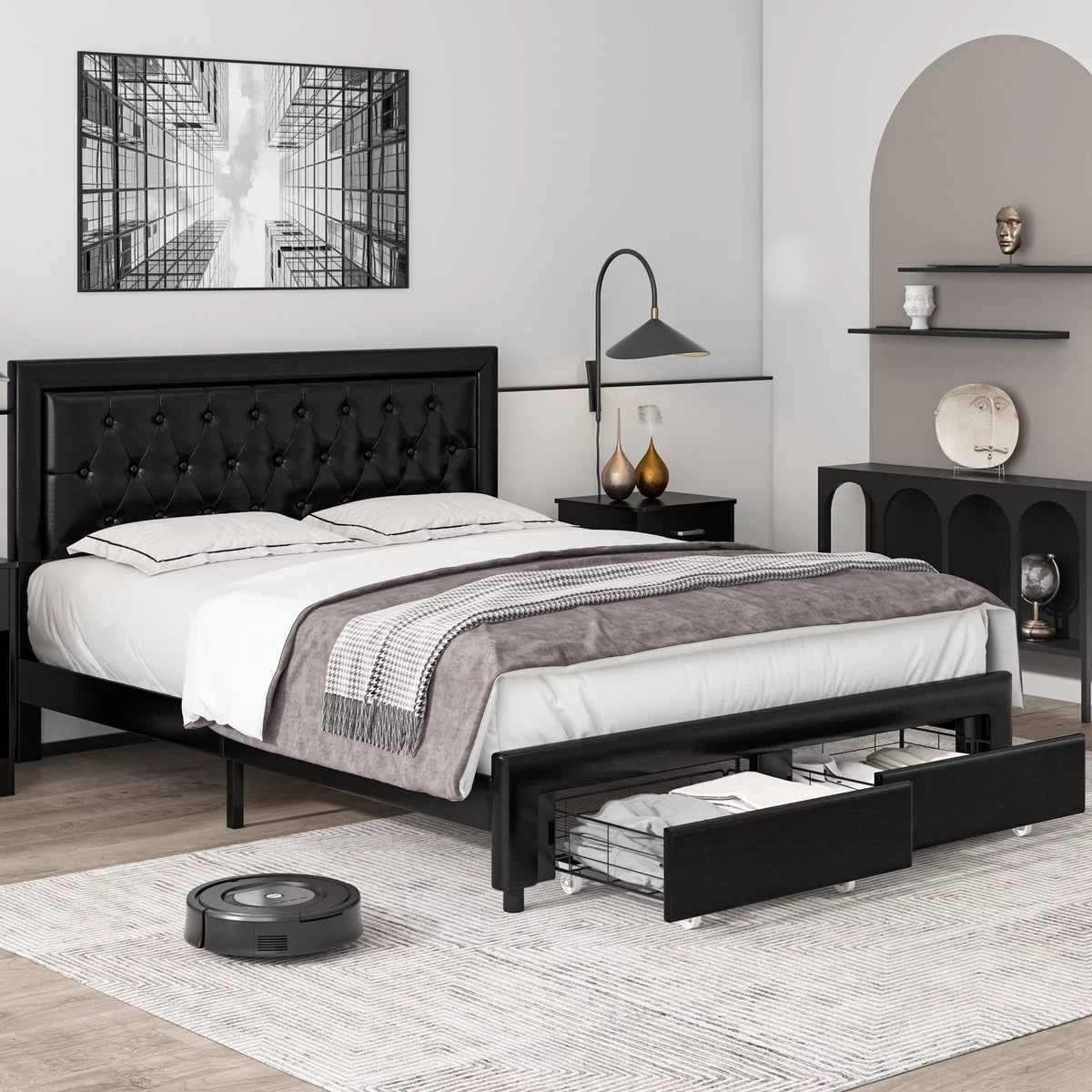 Queen Size Black PU Leather Upholstered Platform Bed Frame F301