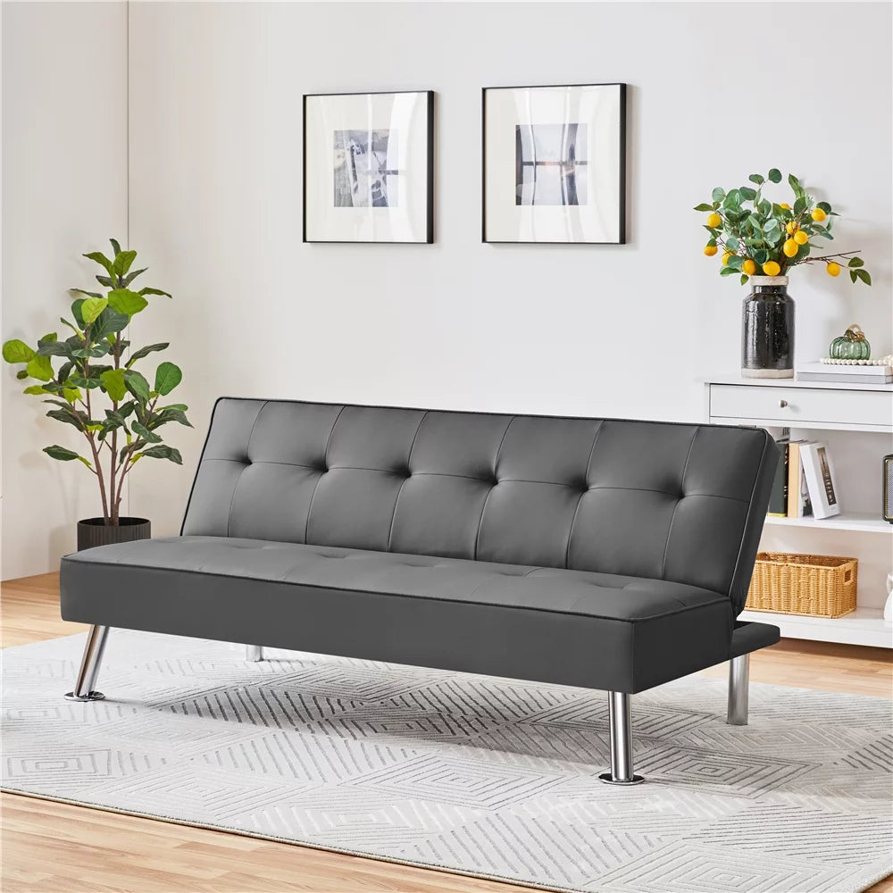 Gray Faux Leather Convertible Futon Sofa Bed K808758