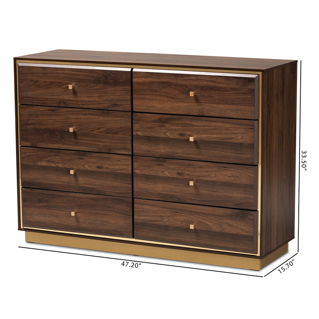 Walnut Brown Wood and Gold Metal 8-Drawer Dresser Q15883