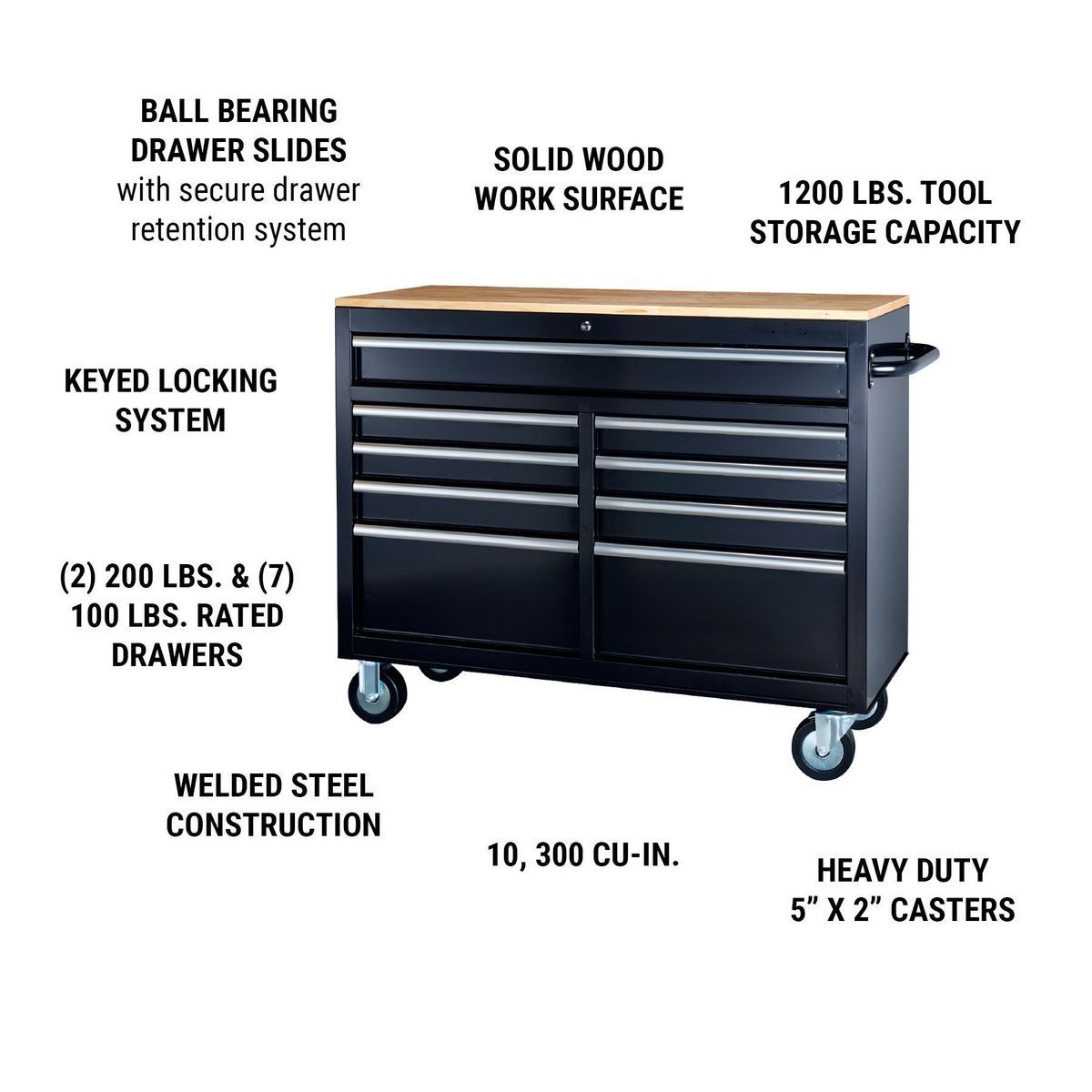 Black 9-Drawer Mobile Storage Cabinet with Solid Wood Top L776547