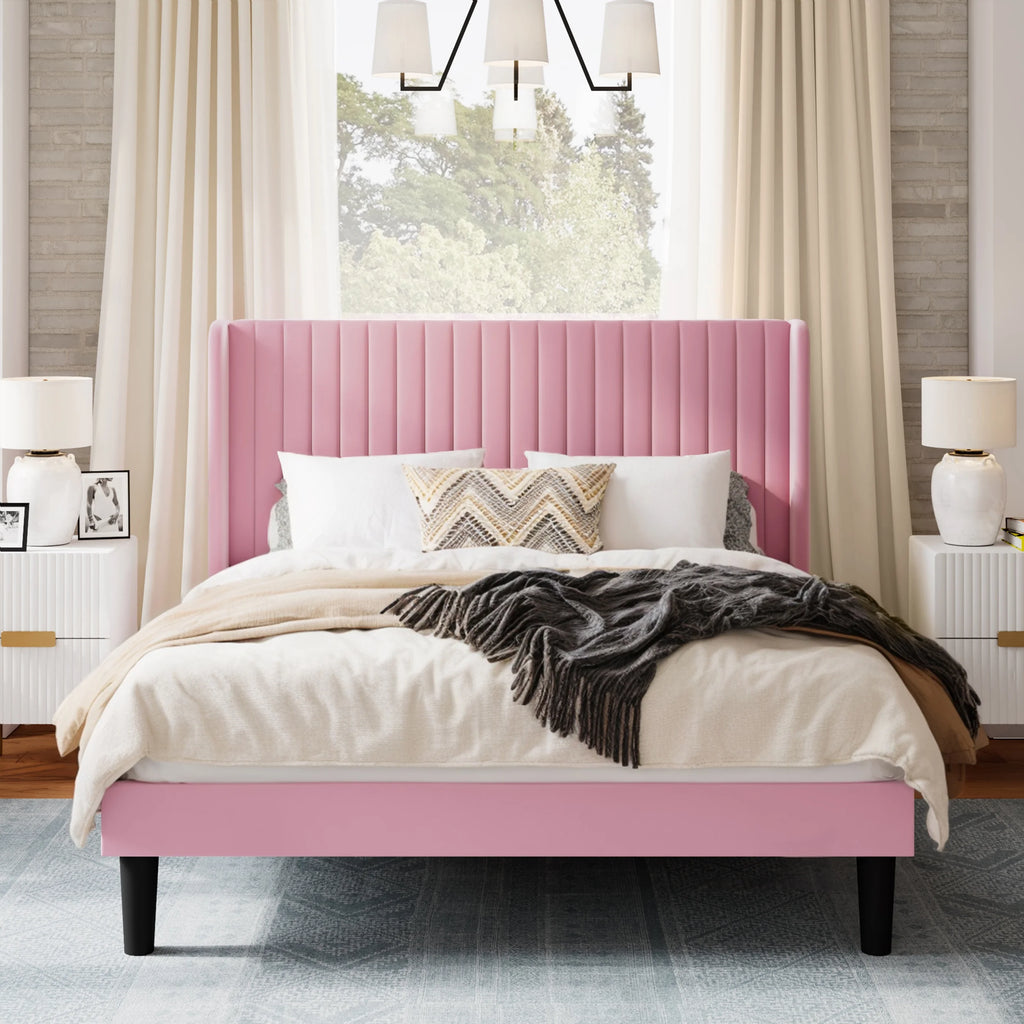 Queen Size Velvet Upholstered Platform Bed Frame Y714365