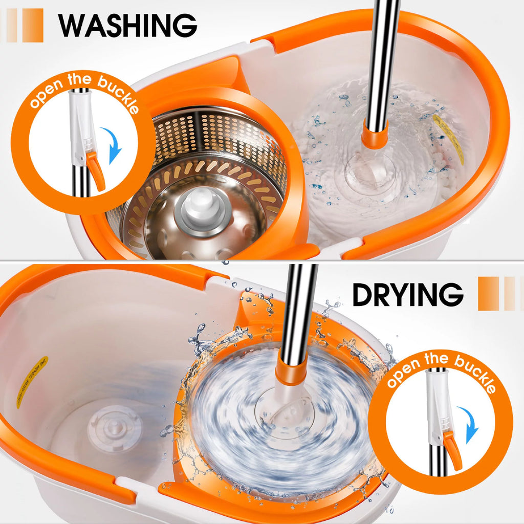 Spin Mop and Bucket System with Wringer Set, 6 Microfiber Mop Heads N167