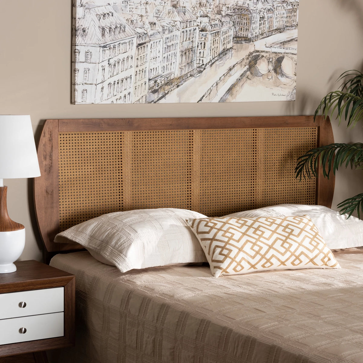 Ash Walnut Full Wood Rattan Headboard F136350
