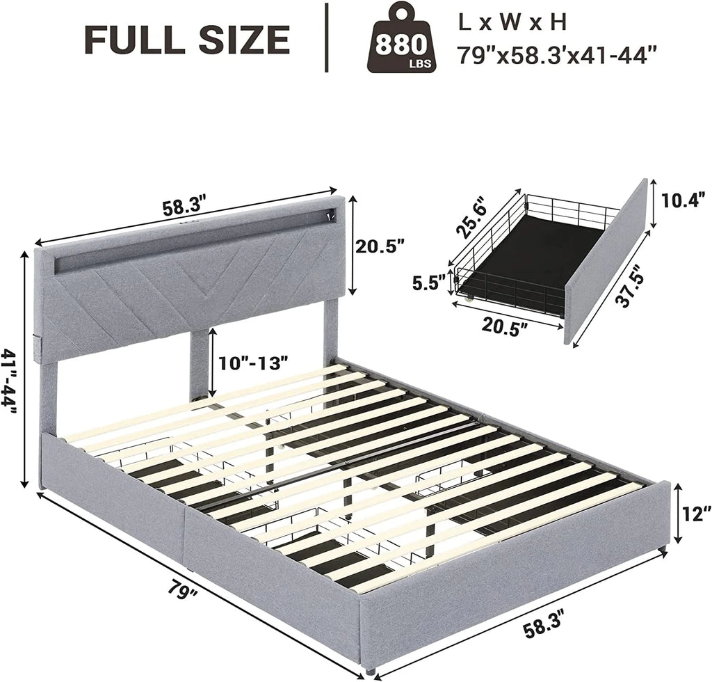 Full Bed Frame with LED Lights Headboard, USB Charging Station and 4 Drawers J956371