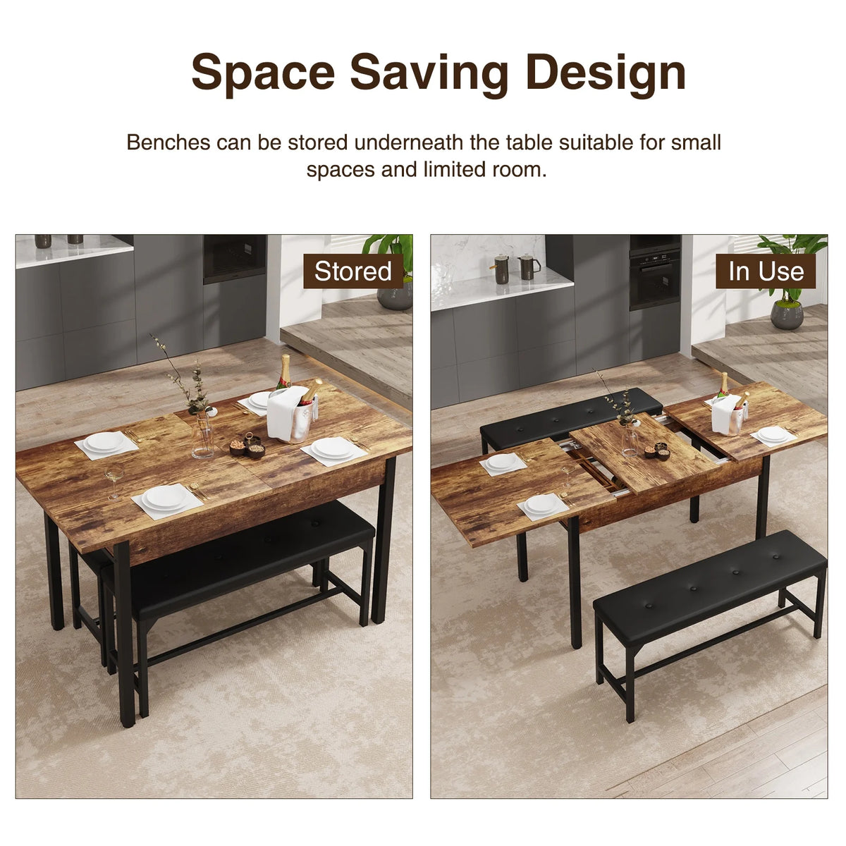 3-Piece Extendable Dining Table Set with Drawer and 2 Upholstered Benches D13119