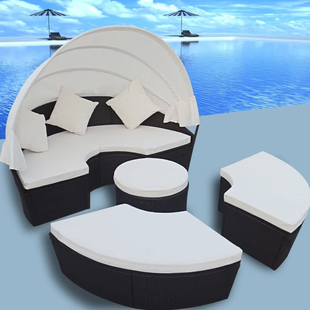 Patio Lounge Bed with Canopy Poly Rattan Black U3907