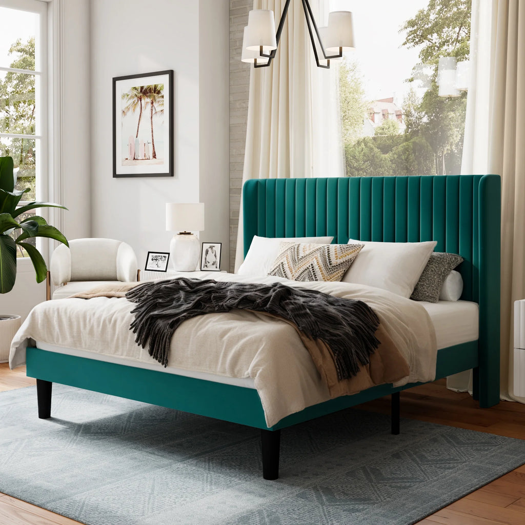 Queen Size Velvet Upholstered Platform Bed Frame Y714365