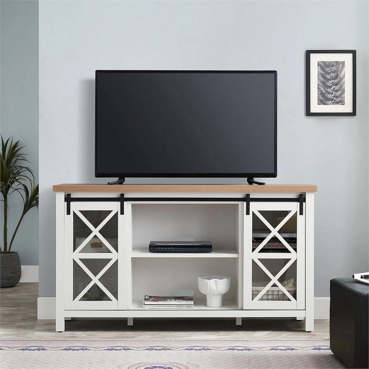 Mid-Century Wood 58" White and Golden Oak TV Stand X988