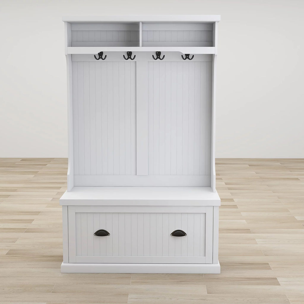 White Entryway Hall Tree with Coat Rack and Storage Bench T248275