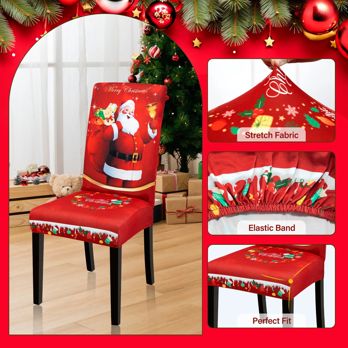 Stretch Christmas Chair Covers Set of 4 Red V268817
