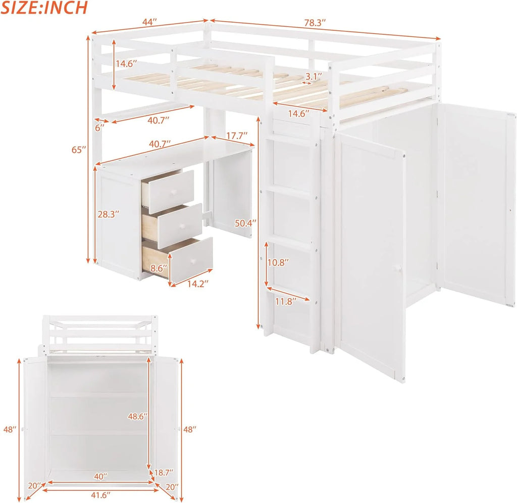 White Solid Wood Loft Bed with Desk, Wardrobe and Storage Drawers I791
