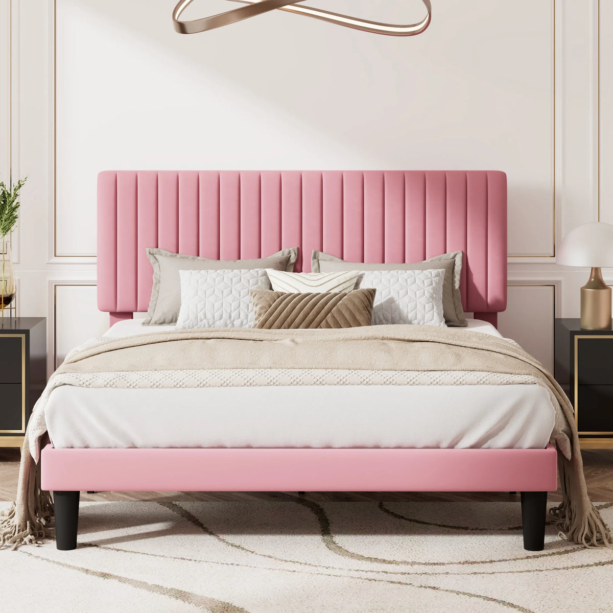 Queen Size Black Velvet Upholstered Platform Bed Frame A54442