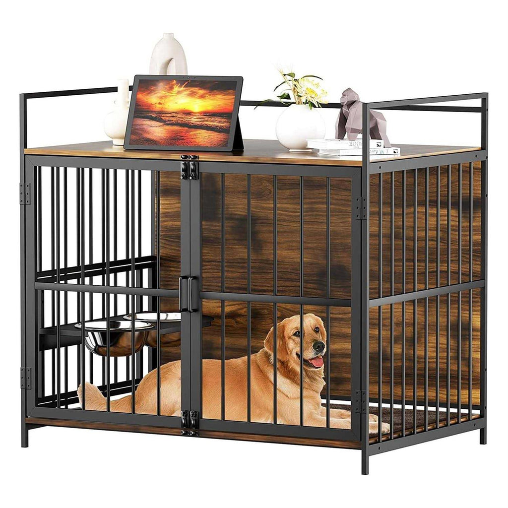 Large Dog Crate with Adjustable Raised Feeder and 2 Stainless Steel Bowls J518