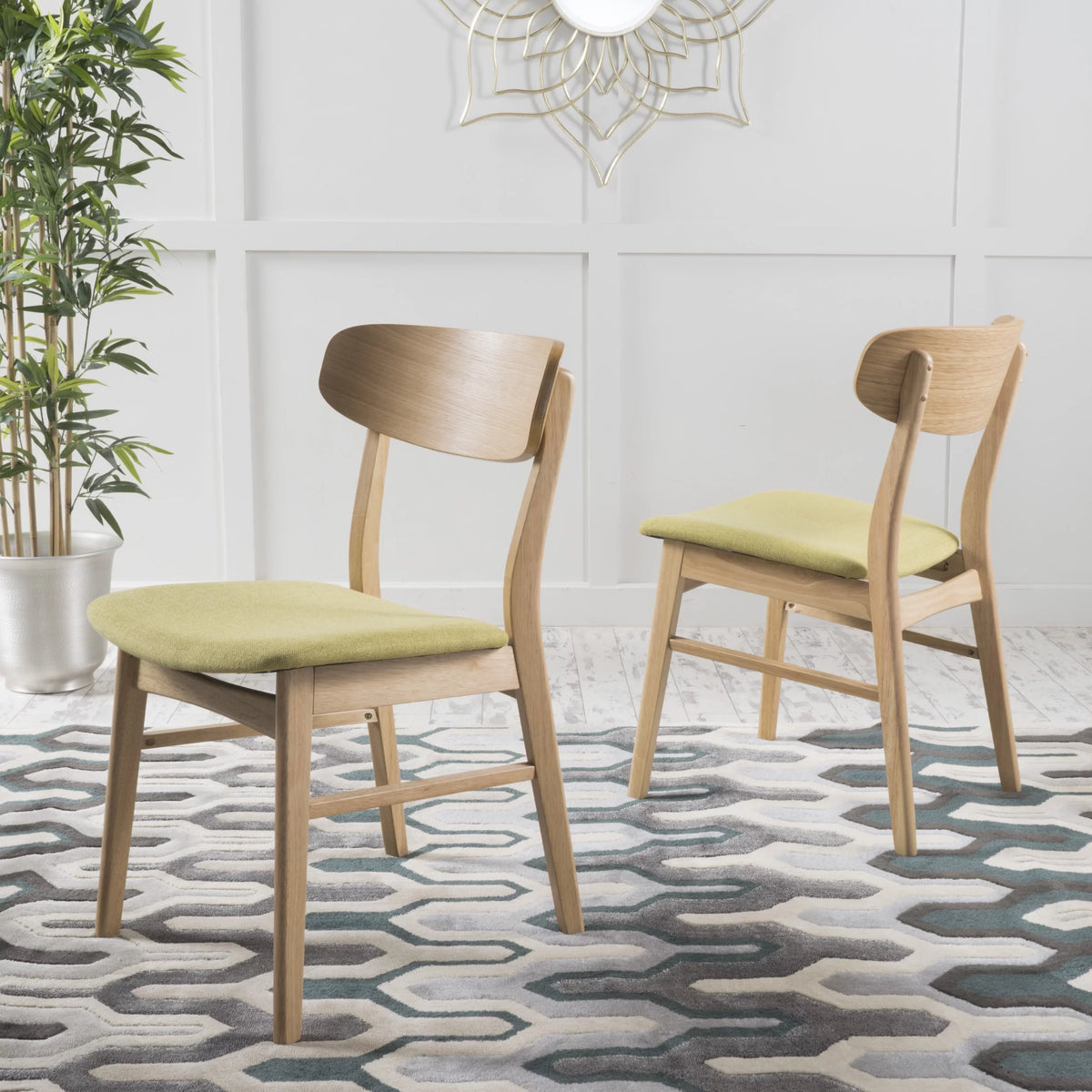 Set of 2 Natural Oak Green Fabric Dining Chair L66989